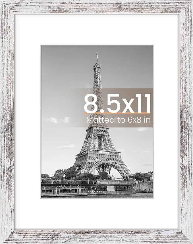 upsimples 8.5 By 11 Picture Frame, Display Pictures 6x8 with Mat or 8.5 x 11 Without, Wall Hanging Photo Frames, Rustic White, 1 Pack