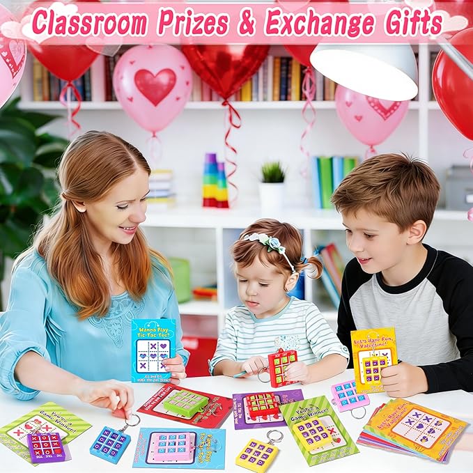 24 Pack Valentines Day Gifts for Kids Classroom Valentines Day Cards with Tic-Tac-Toe Game Keychains Valentines for Kids School Class Exchange Cards Valentines Party Favors Boys Girls Toddlers