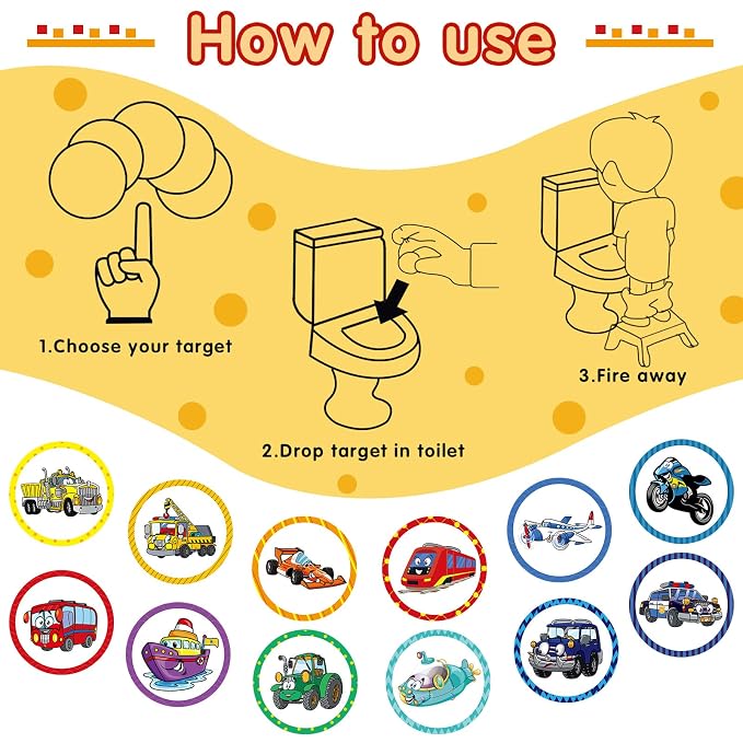 Eersida 120 Pcs Toilet Targets for Potty Training Boy Pee Tinkle Target Travel Potties Flushable Car Animal Potty Training Sticker You Pee on Toilet Aiming Target for Toddler Boy(Transportation Style)
