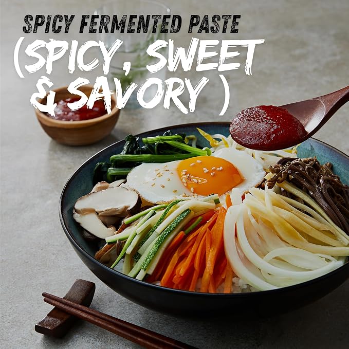 Gochujang – Premium Korean Red Chili Paste [ Medium | 1.1 lb (500g) ] – 0 Fat/ 0 Cholesterol / (40 Calories/Serving) | Spicy & Sweet Savory Fermented Sauce | Great for Bibimbap, Marinades, Stews & BBQ - O’food