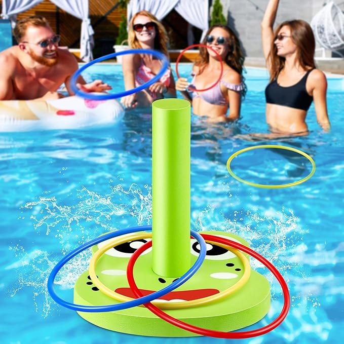 Hiboom Pool Ring Toss Games Toys, Swimming Pool Games for Adults and Family with 6 Pcs Throwing Rings, Water Foam Toss Float Toys for Summer Outdoor, Beach, Yard, Party(Frog)