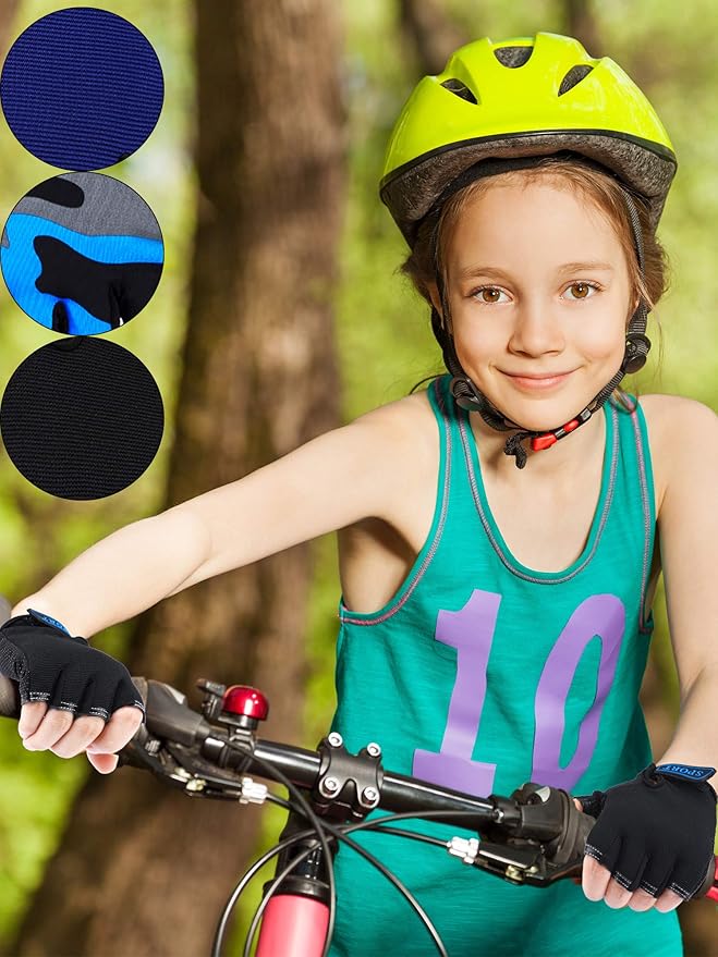 Boao 3 Pairs Kids Half Finger Bike Gloves Non-Slip Breathable Adjustable Birthday Gift for Boys Girls for Bike Workout