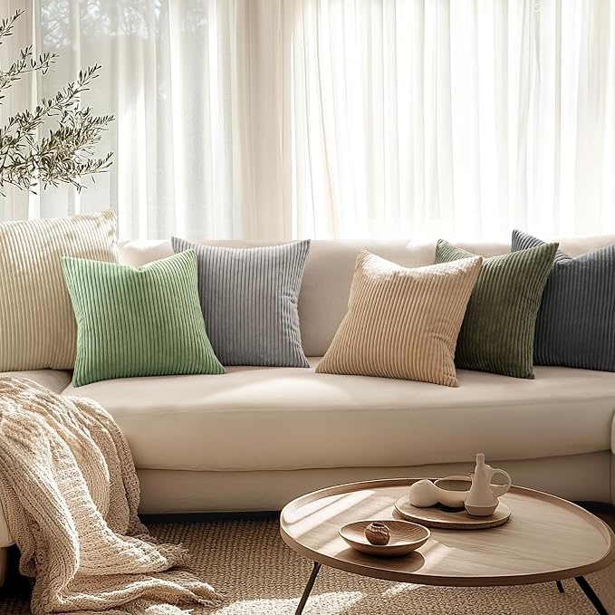 MIULEE Decorative Corduroy Throw Pillow Covers Set of 2 18x18 Sage Green | Soft Striped Textured Cushion Cases, Boho Natural Greenery Pillowcases for Home Decor, for Couch Chair Sofa Bed Living Room