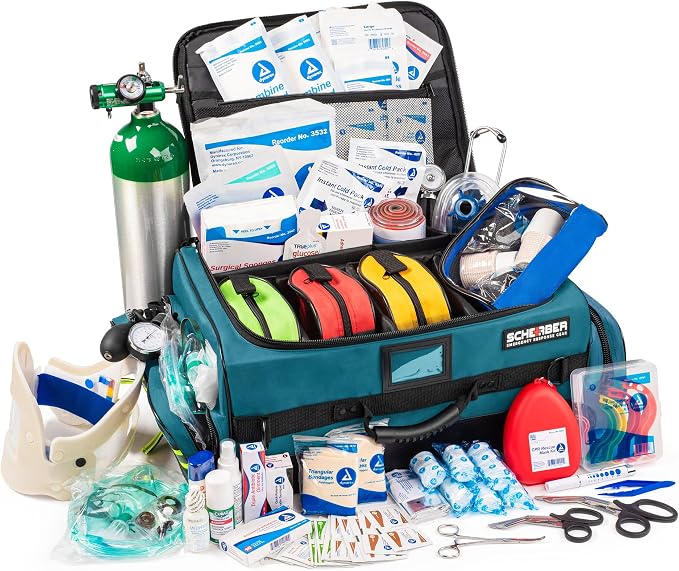 Scherber Fully Stocked First Responder Ultimate Professional EMT/EMS Trauma Kit | HSA/FSA Approved | w/10+ Compartments, Zippered Pockets, Dividers, Oxygen Access & 260+ First Aid Supplies (Blue)