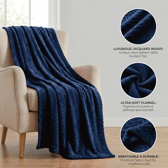 Exclusivo Mezcla Soft Fleece Blanket Queen Size for Bed, Sofa, Navy Blue | 90"x90" Breathable Lightweight Flannel Blanket for Summer, Plush Cozy Jacquard Wave for Home Decor