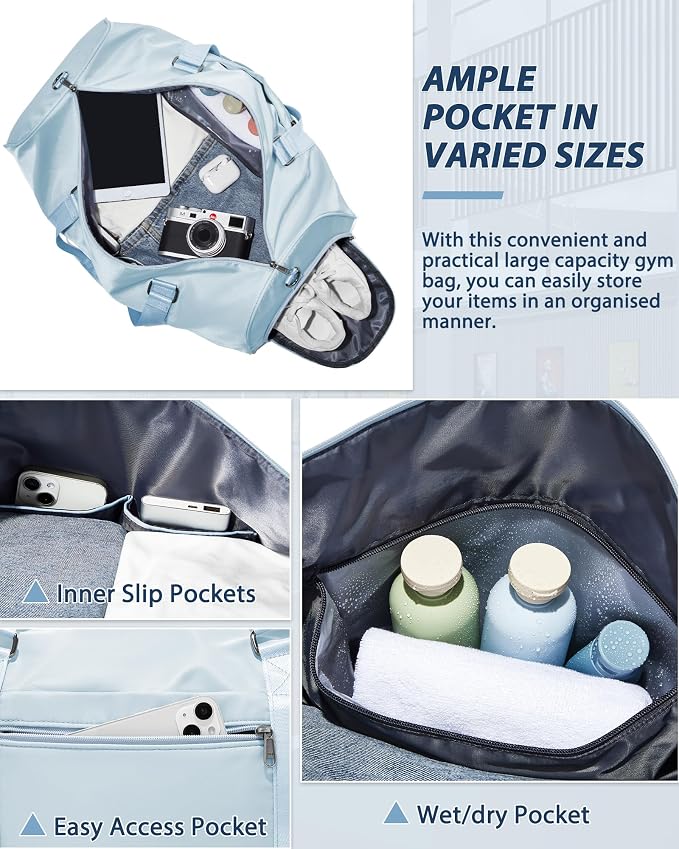 Gym Bag for Women Men with Shoe Compartment,Small Travel Duffle Bags for Traveling Overnight Weekender Bag Personal Item Travel Bag Large Sport Gym Bag Workout Bag Hospital Holdalls Sky Blue