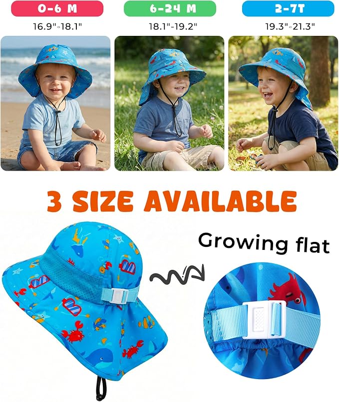 Toddler Baby Sun Hat Kids Summer Beach Essentials Adjustable Beach Hats with Bucket Wide Brim for Boys Girls Age 0-14 Years