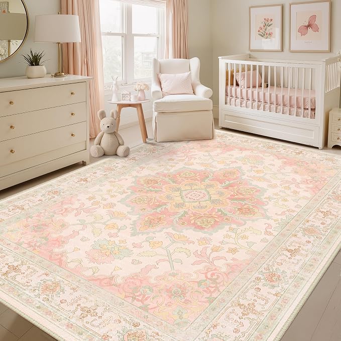 CAPALOCA 6x9 Washable Nursery Girls Low Pile Area Rug Pink Green | Non-Slip Soft Rugs for Bedroom Kids Playroom Living Room, Print Pattern Water Repellent Carpet Indoor Decor