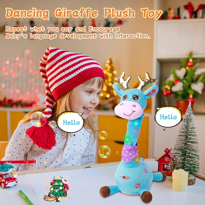 LUKETURE Dancing Talking Singing Blue Giraffe Stuffed Plush with Golden Antlers,Interactive Stuffed Animal Toy, Musical Plush with Record & Repeat, Sings 10 Songs, LED Lights