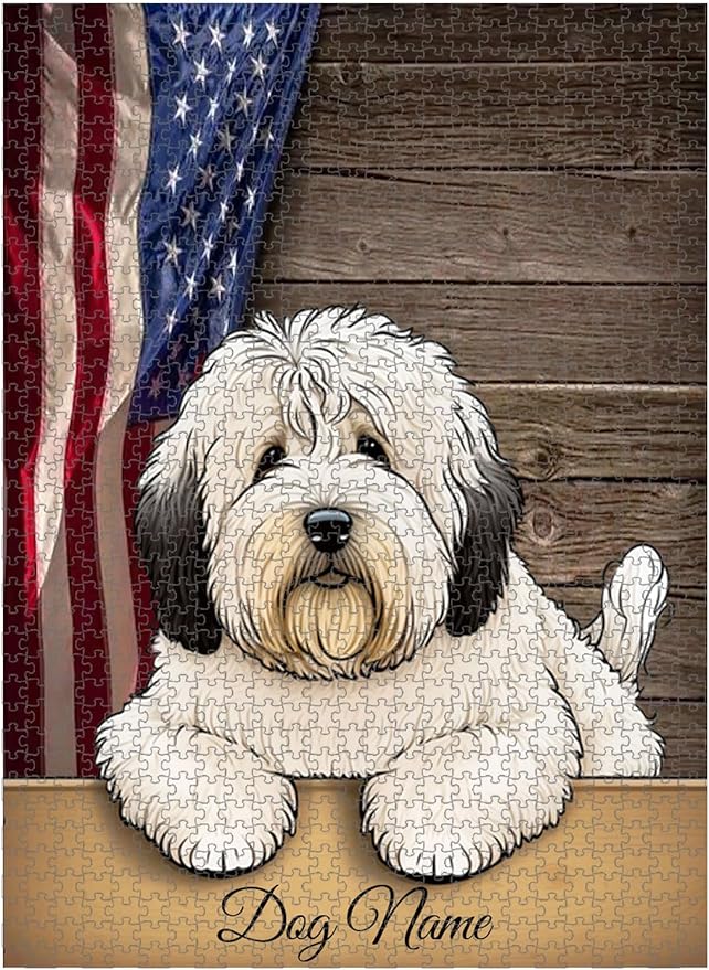 Custom Wooden Jigsaw Puzzles with Your Dog's Name on Bobtail Art Print - 300 500 1000PCS Puzzles Game and Home Wall Decor