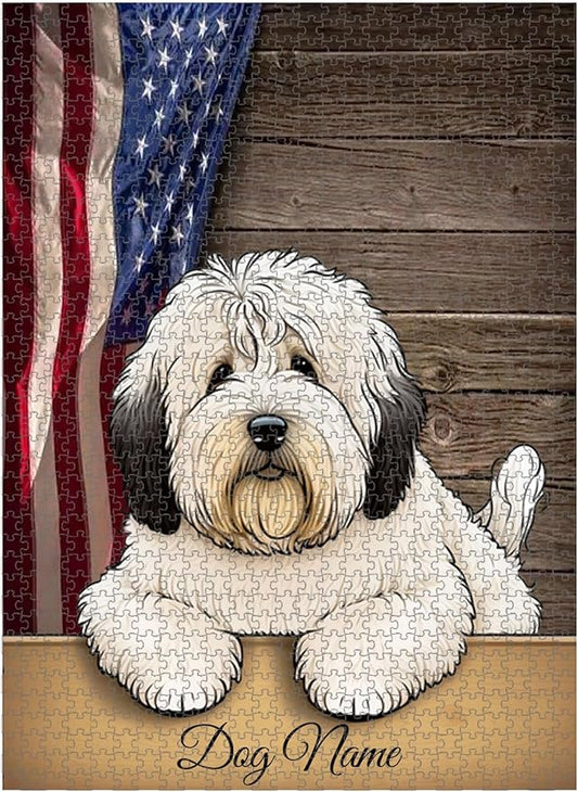 Custom Wooden Jigsaw Puzzles with Your Dog's Name on Bobtail Art Print - 300 500 1000PCS Puzzles Game and Home Wall Decor