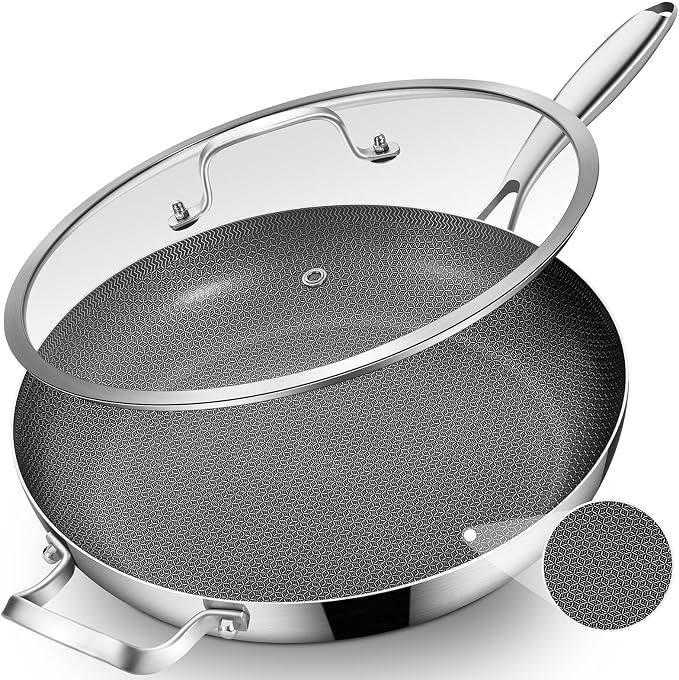 Inqibee 14.5-Inch Hybrid Ceramic Nonstick Chef's Pan with Lid | Tri-Ply Stainless Steel Skillet for Family Meals, Scratch Resistant Surface, Induction Compatible, Dishwasher & Oven Safe