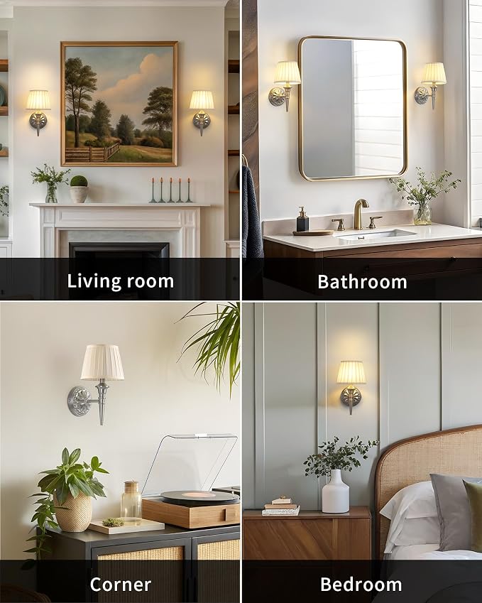 KDG Cordless Nickel Wall Sconces Set of 2, Beige Fabric Lampshde Wall Lamps | Small LED Wireless Portable Rechargeable Battery Lighting for Wall Painting, Living Room, Bedroom, Hallway, Gifts, Nightlight