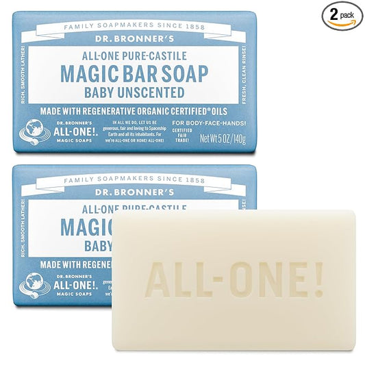 Dr. Bronner's - Pure-Castile Bar Soap (Baby Unscented, 5 ounce, 2-pack) - Made with Organic Oils, For Face, Body, Hair, Gentle for Sensitive Skin, Babies, No Added Fragrance, Biodegradable, Vegan