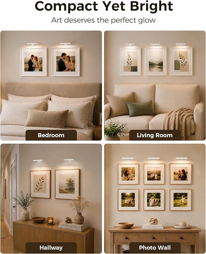 EZVALO Picture Light for Wall, Rechargeable 2400mAh Lights Wireless with IR Remote, 3 Color & Dimmable Magnetic 7.87'' LED Lights Display for Painting, Living Room, Gallery, Bedroom Art(White-2P)