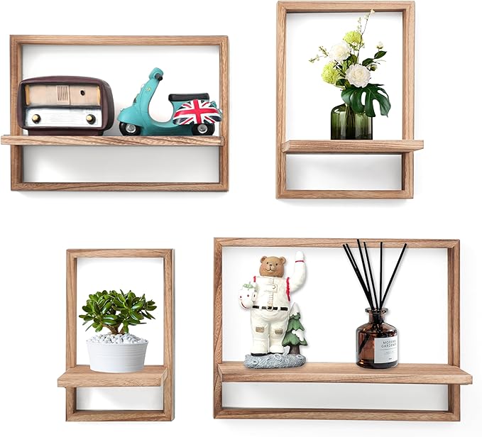 Floating Shelves for Wall,Decorative Wall Shelves,Plants Shelf Framed | Square Wall Decor,Art Sconces Artificial Vases Hanging Storage Shelf for Bathroom Living Room,Wood,Set of 4,Carbonized Black