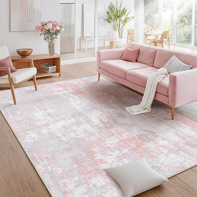RELEANY Washable Area Rugs 10'x14' Non-Slip Modern Abstract Soft for Living Room Entryway Bedroom Kitchen, Print Pattern, Grey Pink