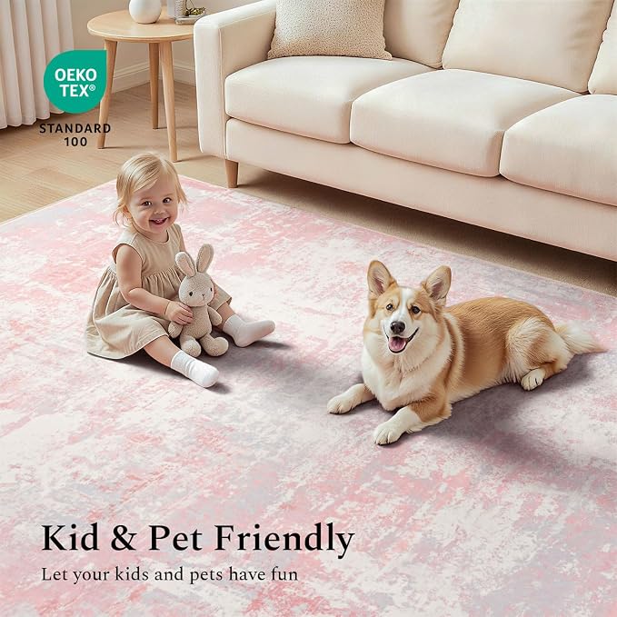 Rugflix 5x7 Area Rugs for Bedroom, Washable Pink Large Rug | Machine Washable; Stain-Resistant; Low Pile; Non-Slip; Modern Abstract; Carpet for Nursery Girls Living Room Office Home