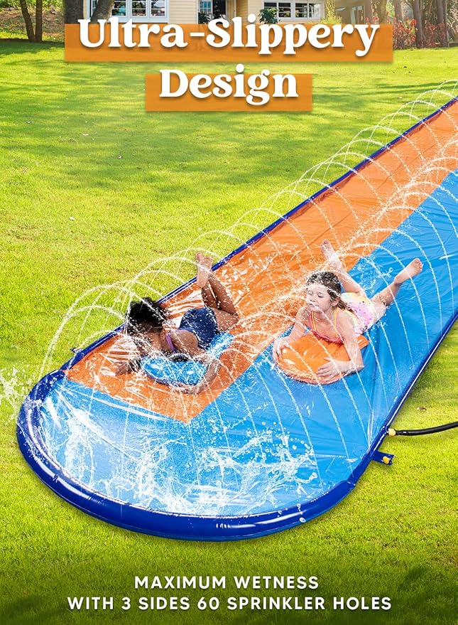 Sloosh 22.5FT Double Water Slides, Heavy Duty Lawn Slide with Sprinkler and 2 Inflatable Boards Backyard Yard Lawn Summer Outdoor Water Toy for Kids Adults