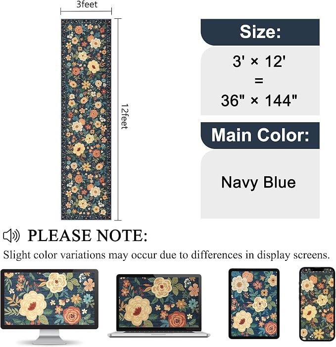 DUKINO 3x12 Washable Runner Rug Long Hallway Runner Rug Non Slip Navy Blue | Soft, Low Pile, Floral Indoor Runner Rug for Kitchen, Entryway, Bedroom, Bathroom, Laundry, Modern Home Decor, Non-Shedding