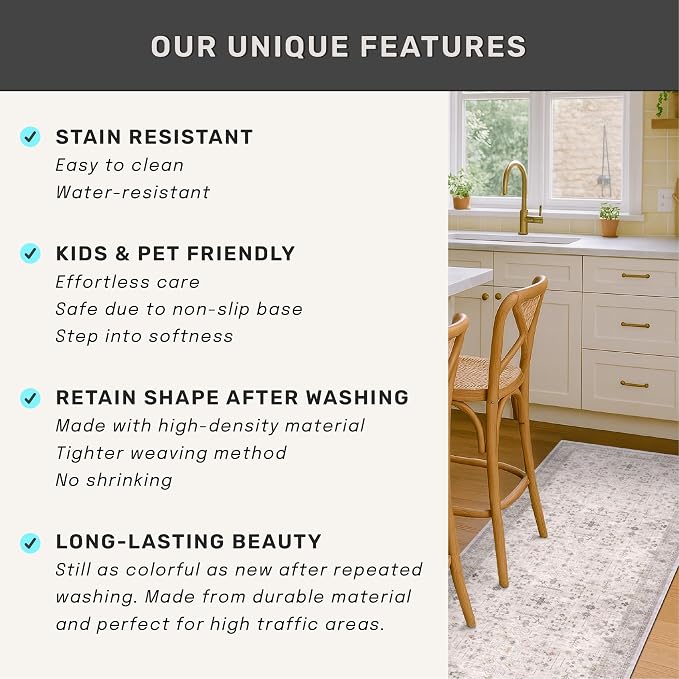 Hazo Haus Washable 5x8 Living Room Rug - Light Gray & Sage Area Rug for Nursery, Dining Under Table, Bedroom, Modern Vintage Eclectic Geometric Floral Neutral, Low Pile Stain Resistant