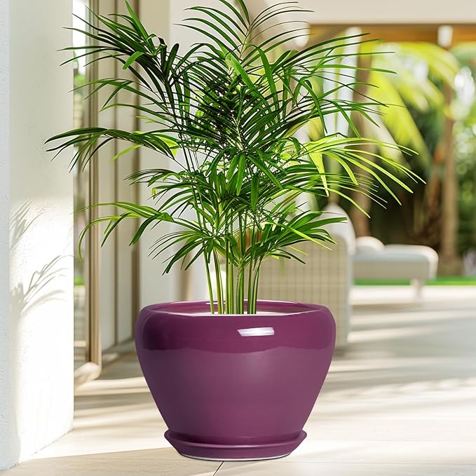 Ceramicfor 10 Inch Plant Pot - Ceramic Planter with Drainage Hole and Saucer, Round Modern Flower Pot for Indoor Outdoor Plants, Housewarming Gift, Home Garden Decor, Purple