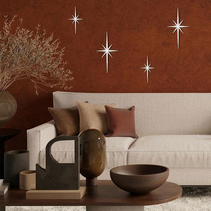 4 Pcs Star Wall Art for Home Decor Living Room Bedroom Office Metal 3D,Bling,with Hanging Hook Starburst Midcentury Sculpture Retro Gallery Accent Celestial -Silver 16.5in/9.4in