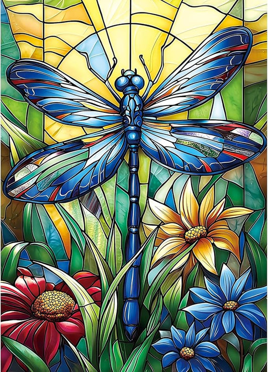 1000 Piece Jigsaw Puzzle for Adults - Stained Glass Dragonfly & Flowers Art Puzzle, 27.5x19.7 Inch Unique Hard Difficult Challenging Puzzle for Adults