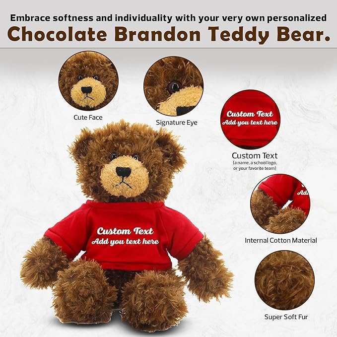 Customized Chocolate Brandon Bear - 12 inch Personalized Stuffed Bear Plush Toy - Perfect Custom Shirt Bear Gift for Graduation Valentines Graduation Easter Holidays (Red Shirt)