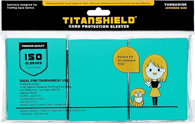 TitanShield (150 Sleeve/Turquoise Small Japanese Sized Trading Card Sleeves Deck Protector for Yu-Gi-Oh, Cardfight!! Vanguard & More