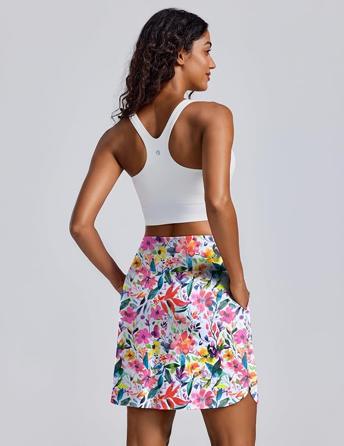 PINSPARK 18" Skorts for Woman Above Knee Length Golf Skirts 3 Pockets | High Waist, Built in Shorts, UV Protection, 4-Way Stretch, Soft, Dolphin Hem, Athletic, Tennis, Pickleabll, Casual