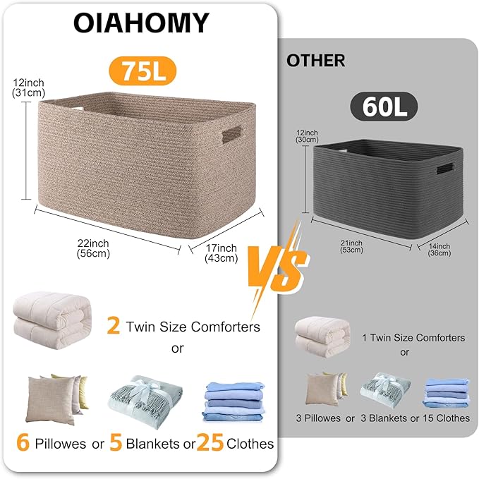 OIAHOMY 75L Large Blanket Basket, 22”x17”x12” Woven Cotton Rope Storage Basket with Handle for Organizing Blanket and Toys for Living Room, Nursery, Brown Variegated