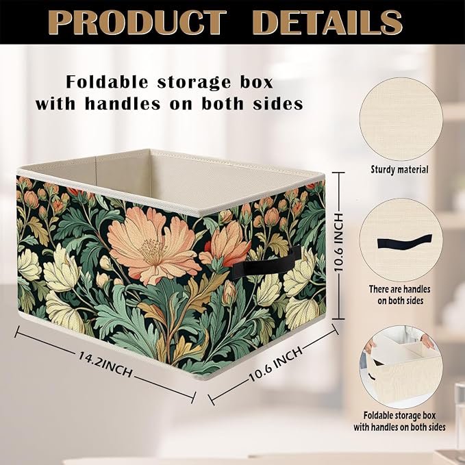 Vintage Art Nouveau Floral Storage Bin Box with Handles, William Morris Inspired Dark Cottagecore Botanical Flower Foldable Organizer Basket Toybox for Home Bedroom Bathroom Clothes Toys Books