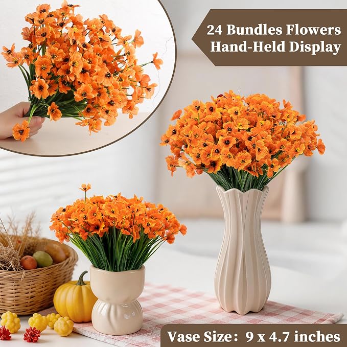 ColoPlay Artificial Mums for Outdoors, 24 Bundles Fake Flowers Fall Decor | Fake Fall Flowers Faux Mums for Outdoor Planters, UV Resistant Artificial Plants for Home Garden Porch Farmhouse(Orange)