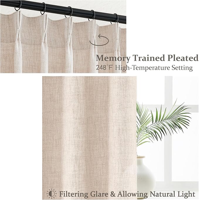 PleatedDrapes Drop Cloth Farm House Tall Curtains for High Living Room, Pinch Pleated Semi Sheer Curtains 120 Inches Long/10 Foot 2 Panels Set with Hook Linen Look Ruffle Light Filtering W40 xL120
