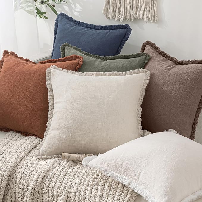 MIULEE Linen Fringe Decorative Fall Throw Pillow Covers Malt Ball 20x20 | Set of 2, Cottagecore Decor, Boho Farmhouse Neutral Pillow Covers, Rustic Fall Couch Cushion Cases for Sofa Bed Living Room
