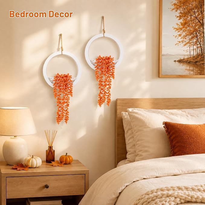 Der Rose 2 Pack Autumn Artificial Hanging Plants for Fall Wall Decor | Cascading string of pearls, warm autumn color, space-saving hanging design for bathroom kitchen shelf boho fall decor