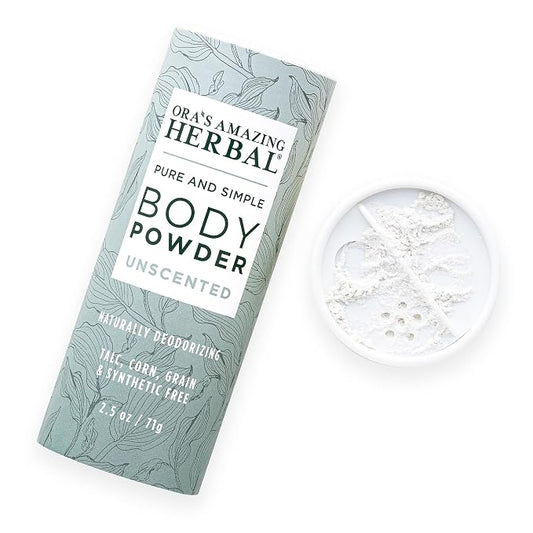 Ora's Amazing Herbal Fragrance Free Body Powder for Women and Men, Unscented Talc Free Talcum Powder, Cornstarch Free Dusting, Waxing, Natural Sugaring, Foot Powder, Dry Shampoo, Made in USA, 2.5 oz