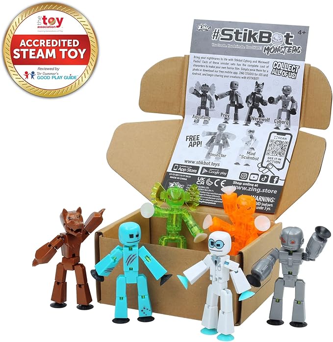 Zing Stikbot Monster Werewolf & Cyborg Pack, Set of 6 Stikbot Collectable Monster Action Figures, Stop Motion Animation, Great for Kids Ages 4 and Up
