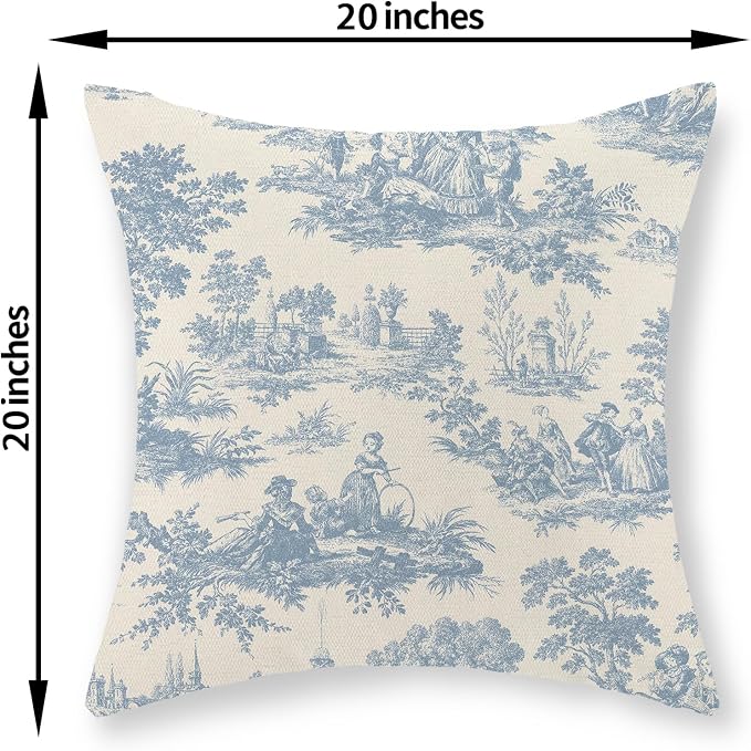 French Country Pillow Covers 20x20 Set of 2 Vintage Baby Blue Toile Throw Pillows Outdoor French Country Decorative Pillowcase Rustic Cottage Farmhouse Cushion Case for Couch Living Room Decor