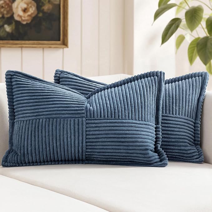 MIULEE Decorative Lumbar Throw Pillow Covers 12x24 Inch Blue 2 Pack | Boho Broadside Striped Patchwork Pillow Covers, Soft Corduroy Cushion Cases, For Couch Sofa Bed Livingroom Home Decor