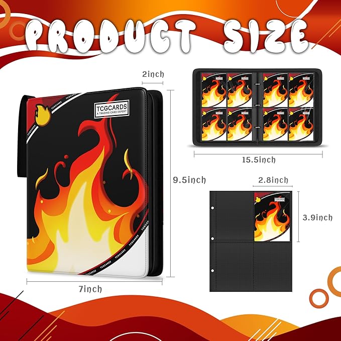 Trading Card Binder 4 Pocket, Card Binder 400 Pockels Card Book Holder Cards with 50 Removable Sleeves, 3-RingZip Design MTG/TCG/Sport Collectible Trading Card Albums Gifls for Boys and Girls (Fire）