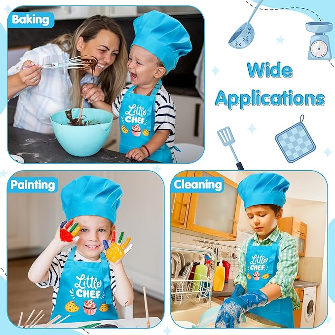 R HORSE 2 Pcs Kid Apron and Chef Hat Set, Adjustable Children Blue Kitchen Apron Cooking Baking Painting and Training Kits Dress up Role Play Chef Toy Kid Funny Cooking Gift New Year