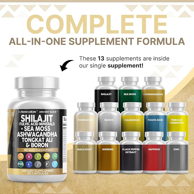 Clean Nutraceuticals Shilajit Supplement with Sea Moss, Ashwagandha, Tongkat Ali, Boron, Magnesium - Fulvic Acid Capsules for Men - 2Pack