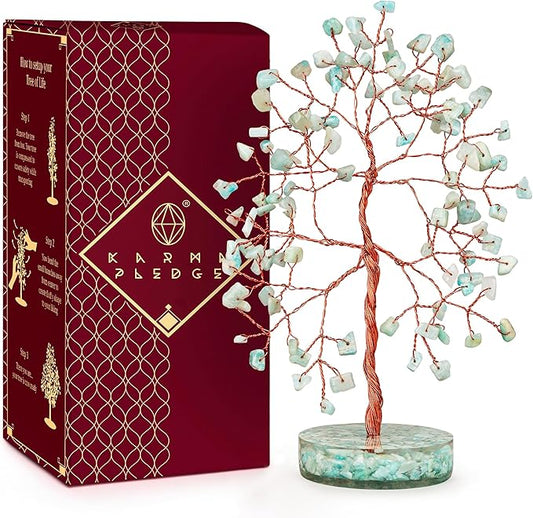 Amazonite Crystal Tree of Life Birthday Gifts for Women, Men, Friends, Handmade Chakra Healing Crystals Tree for Home Office Decor, Positivity, Good Luck, Money, Unique Gifts for Her Mom, Sister, Dad
