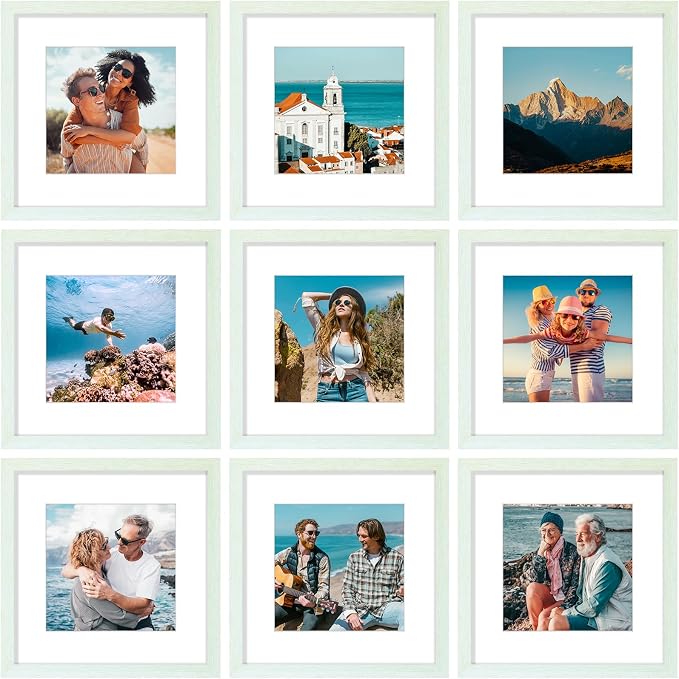 Vittanly 12x12 Picture Frames Set of 9 for Wall Mounting, Vintage Green | Display Pictures 8x8 with Mat or 12x12 without Mat for Wall Mounting, Square Photo Frames for Home Decor, Engineered Wood