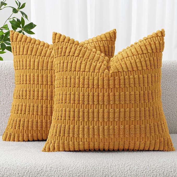 MIULEE Corduroy Decorative Throw Pillow Covers 16x16 Gold Yellow Pack of 2 | Soft Boho Striped Pillow Covers Modern Farmhouse Home Decor For Sofa Living Room Couch Bed