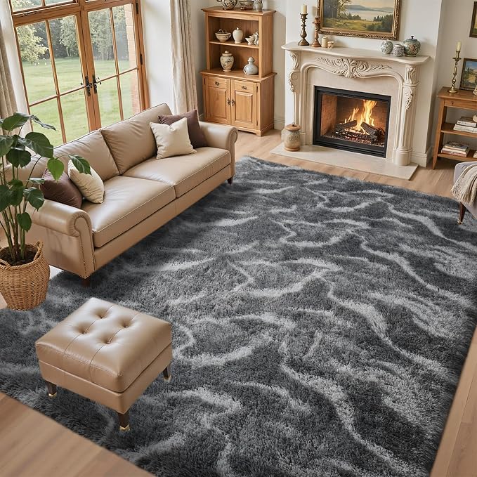 5x7 Ft Area Rugs for Living Room, Grey Plush Fluffy Shaggy Bedroom Rugs Non-Slip, Ultra Soft Carpet for Nursery Kids PlayRoom Dorm Office Indoor
