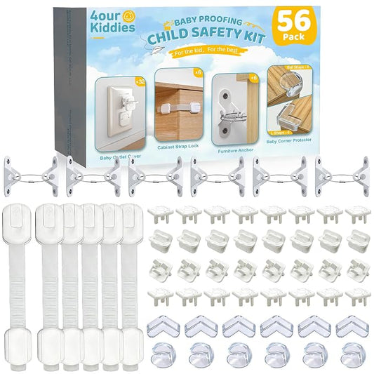 4our Kiddies 56 Pack Baby Proofing Kit, 6 Child Proof Cabinet Locks, 32 Outlet Covers, 6 Anti-Tip Furniture Anchors and 12 Corner Protectors, Child Safety Essentials to Protect Kids at Home