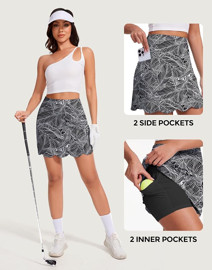 Skorts for Woman with Pockets 16" Golf Athletic Skirts Scalloped Hem Tennis Skirt Dressy Casual